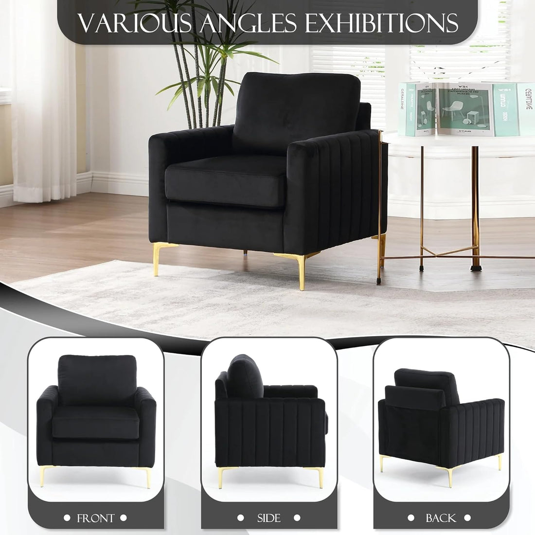 THE WOODEN CITY Monto Velvet Fabric Sofa En 5- to 6-Person Sofa 3+1+1 Sofa Set (Black) (Black, 3+1+1)