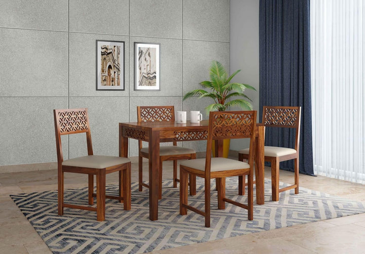 THE WOODEN CITY Sheesham Solid Wood Dining Set 4 Seater Dining Room Sets Table with Chair Set for Dining Room & Home Furniture (Honey&Cream) 45x30x30 inch