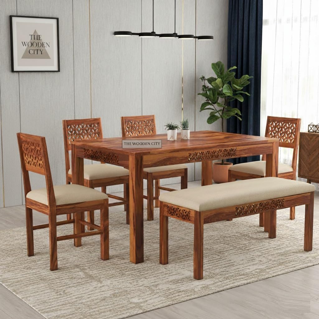 Solid Sheesham Wood Six Seater Dining Table Set with 6 Cushion Chairs for Dining Room Living Room Home | Dining Table | 6 Seater Dining Table Set (Honey6s Ben, 6 Seater)