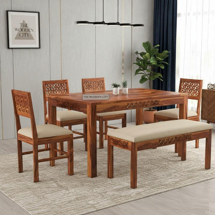 Solid Sheesham Wood Six Seater Dining Table Set with 6 Cushion Chairs for Dining Room Living Room Home | Dining Table | 6 Seater Dining Table Set (Honey6s Ben, 6 Seater)
