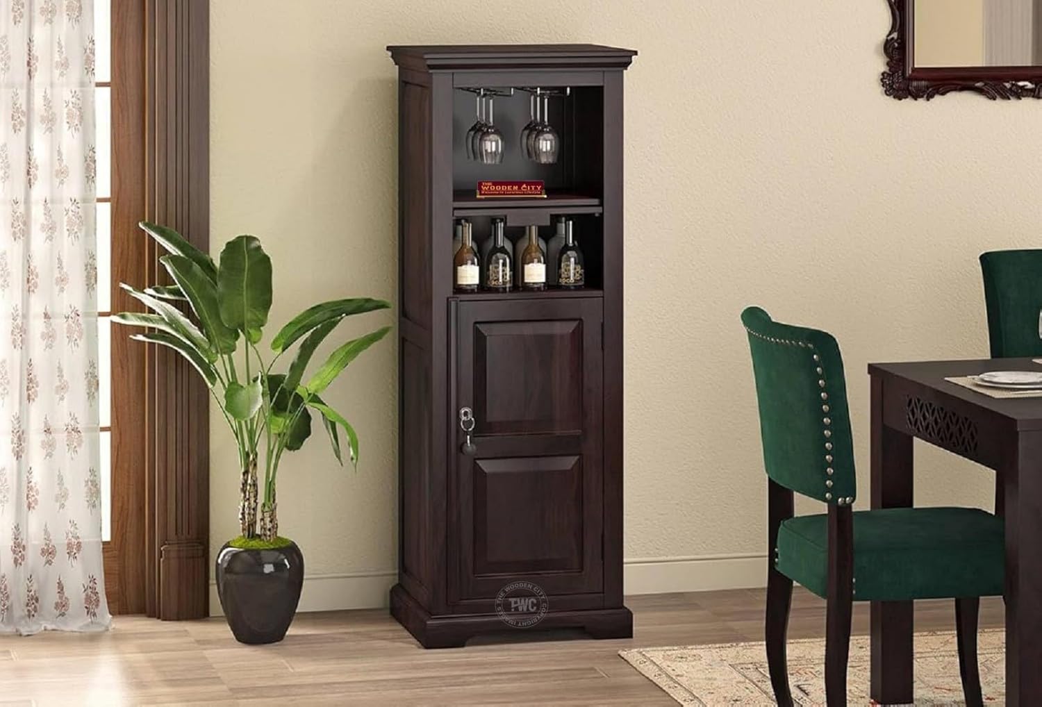 THE WOODEN CITY Solid Sheesham Wood Wine Cabinet Wooden Bar Cabinet Storage Rack with Drawer & Glass Holder, Wooden for Home and Bar Furniture (Walnut) with Lock