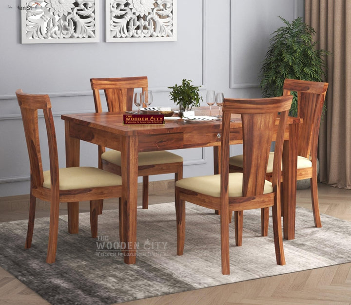 THE WOODEN CITY Solid Sheesham Wood 4 Seater Dining Set Dining Table Set with Cushioned Chairs and Drawer Storage for Dining Room | Living Room | Home & Office | Hotels Restaurant(HONEY)