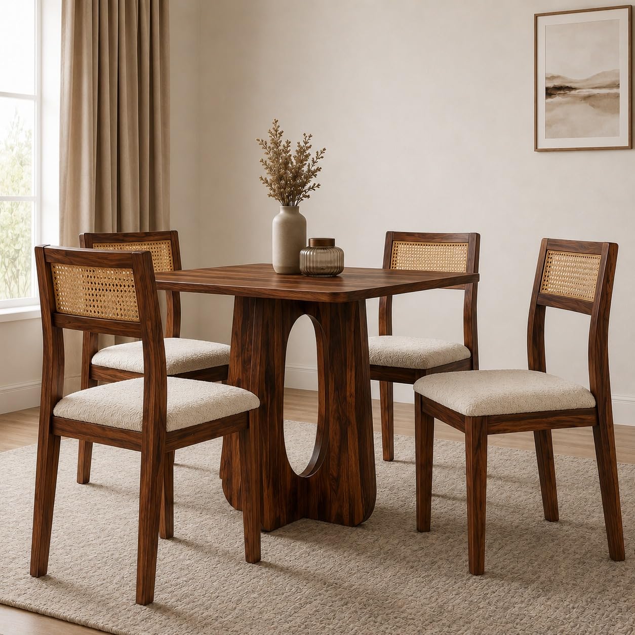Arden Square 4 Seater Solid Sheesham Wood & Cane Dinner Set Table with Chair |Wooden Dining Table Set with Chairs for Dining Room | Living Room | Home & Office -Honey2