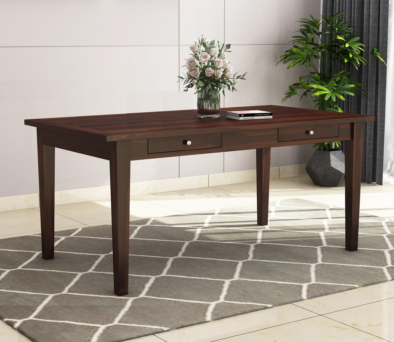 THE WOODEN CITY Wooden Storage Dining Table Solid Sheesham Wood 6 Seater | Dining Room Furniture - Walnut/Honey