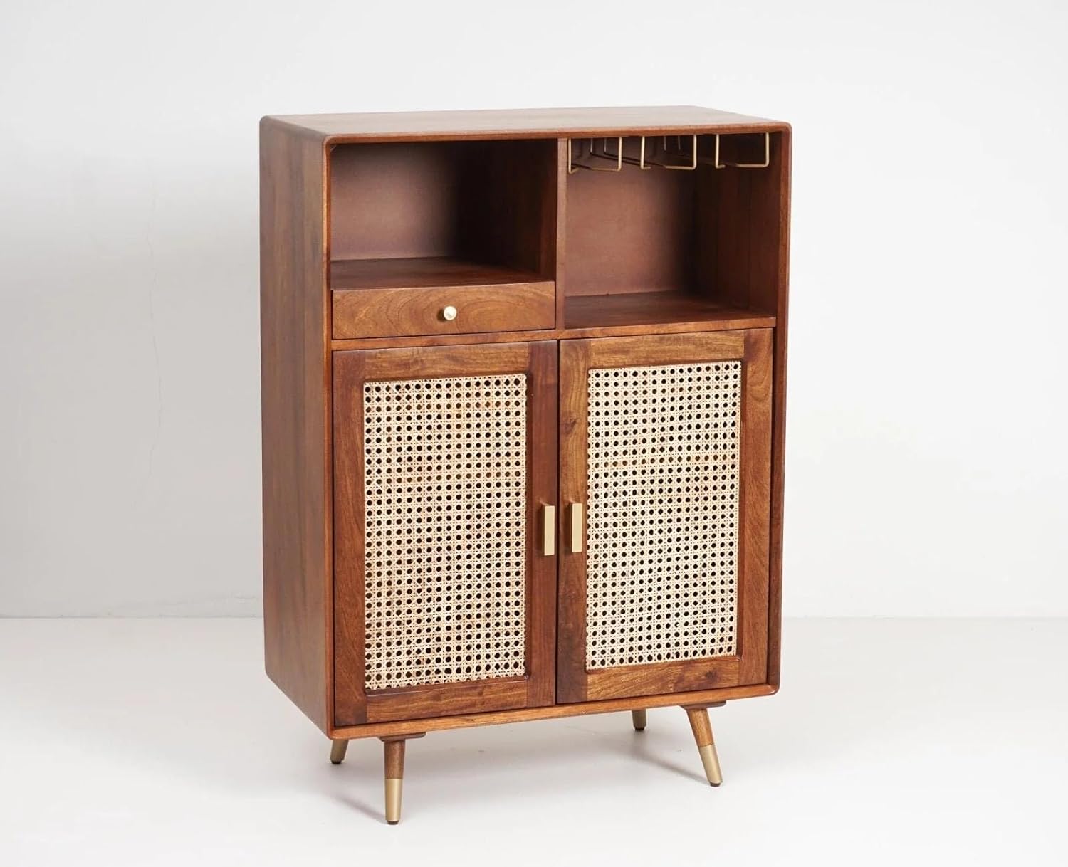 THE WOODEN CITY Solid Wood Rattan Cane Bar Cabinet with Glass Holder Storage Honey