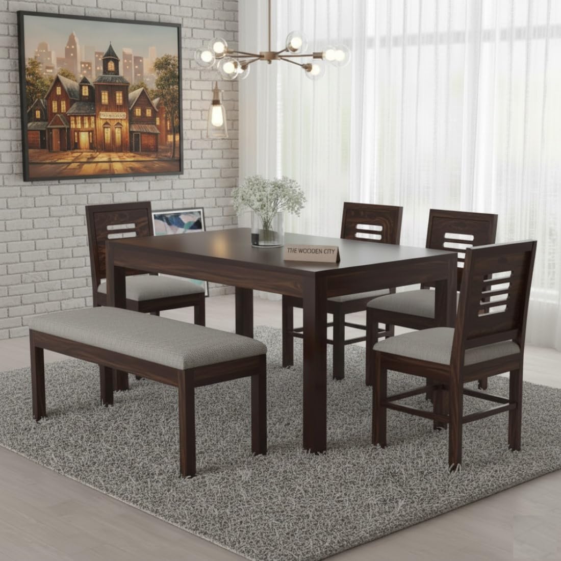 Solid Sheesham Wood Six Seater Dining Table Set with 4 Cushion Chairs with Bench for Dining Room Living Room Home | Dining Table | 6 Seater Dining Table Set (Walnut6s t, 6 Seater)