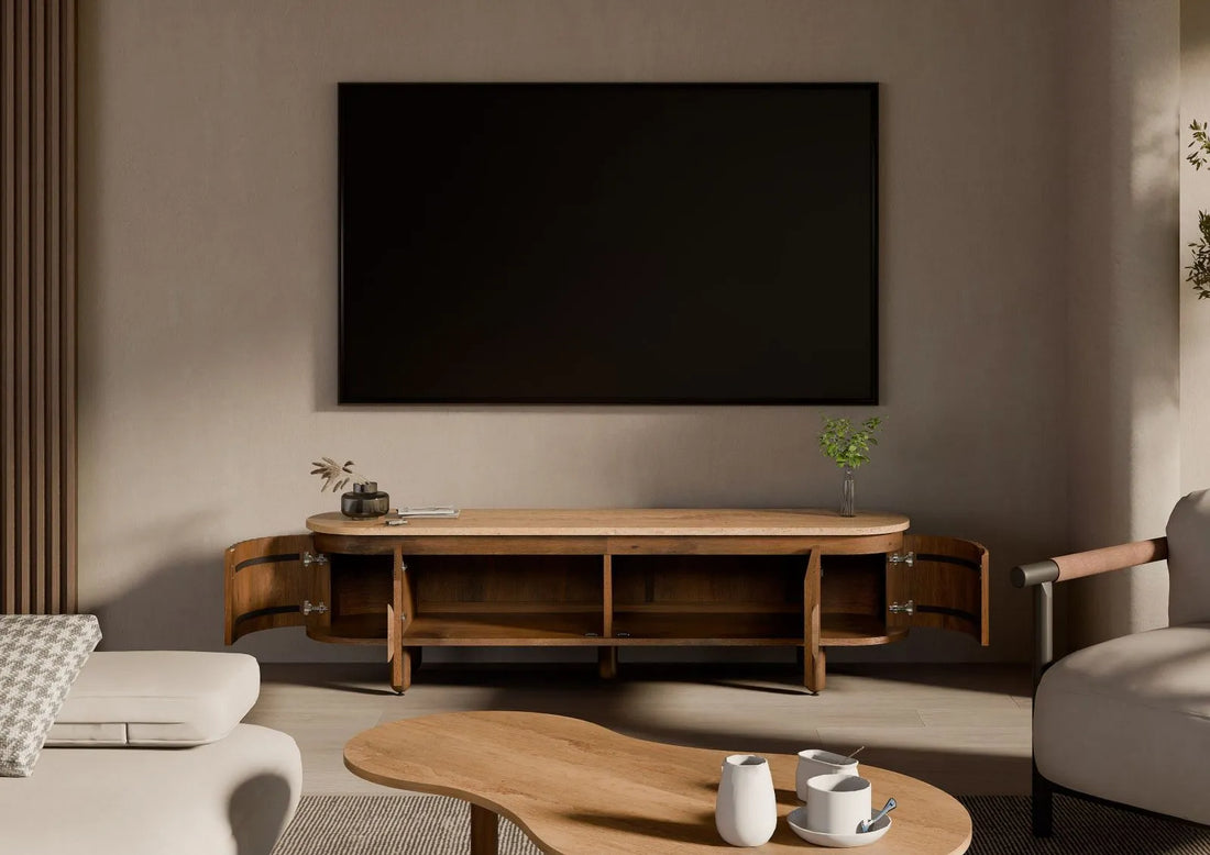 THE WOODEN CITY Solid Mango Wood TV Stand #113(HONEY)