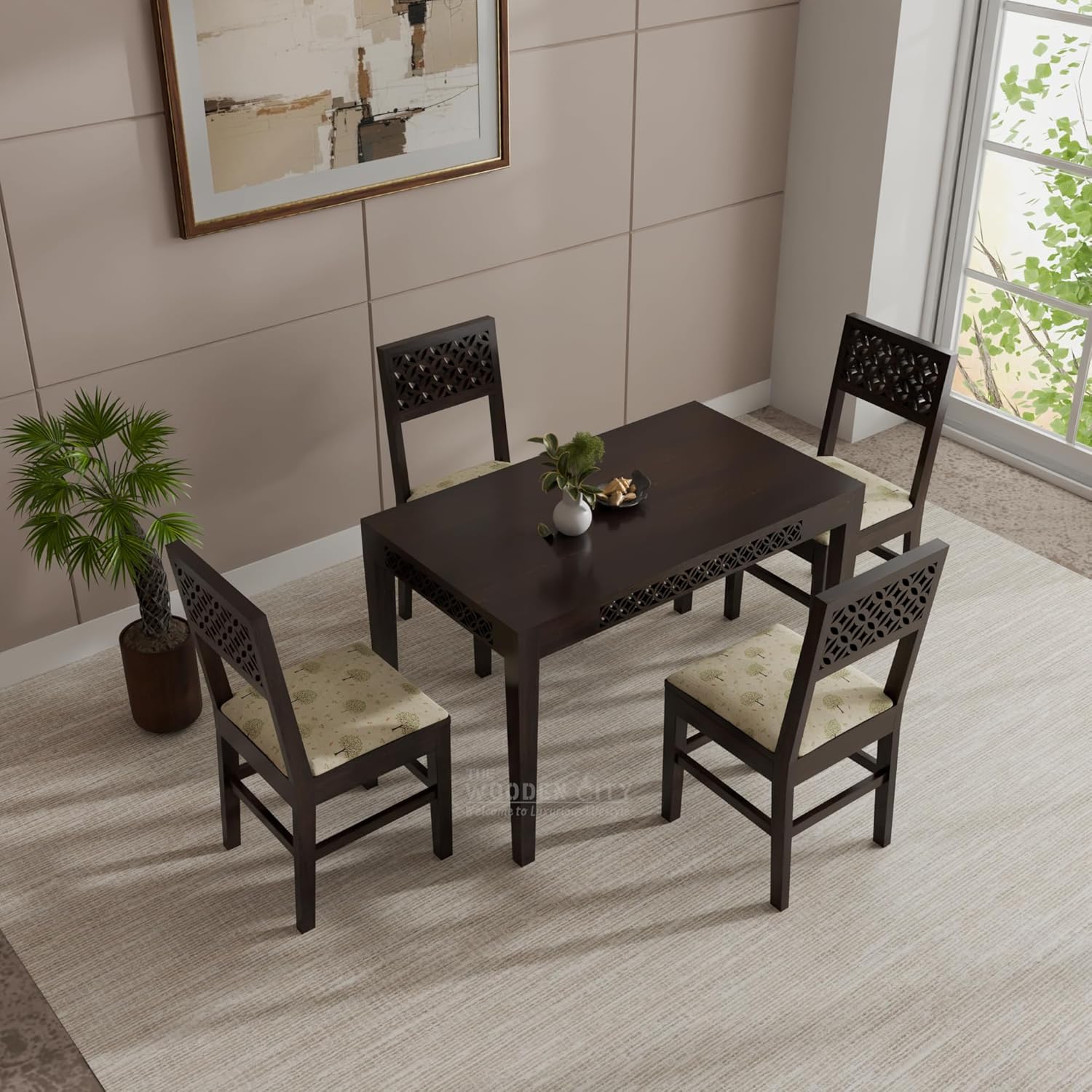 THE WOODEN CITY Dining Table 4 Seater | Four Seater Dinning Table with 4 Chairs with Beige Cushions for Home | Rosewood, Walnut Finish Self Assembly(DIY)