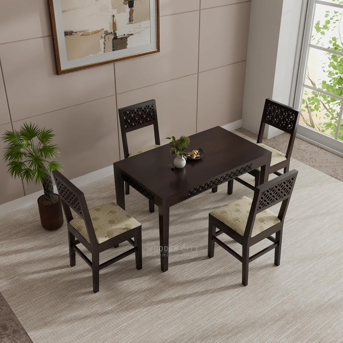 THE WOODEN CITY Dining Table 4 Seater | Four Seater Dinning Table with 4 Chairs with Beige Cushions for Home | Rosewood, Walnut Finish Self Assembly(DIY)