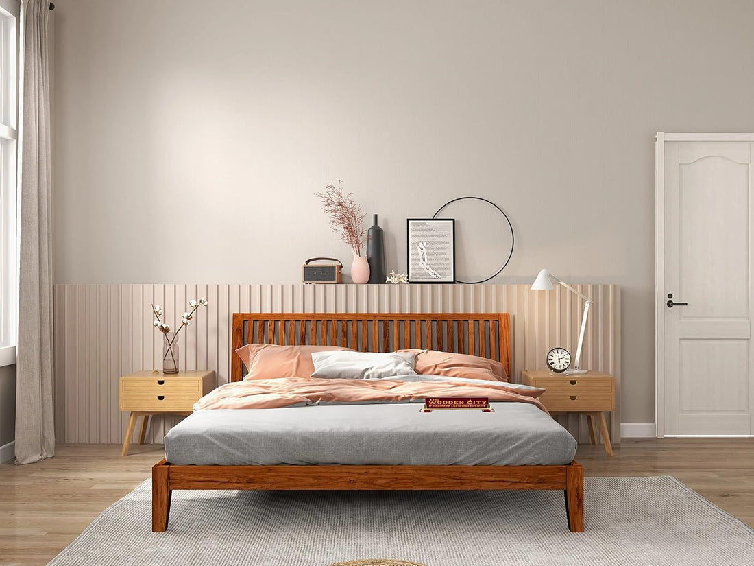 THE WOODEN CITY Sheesham Solid Wood King Bed for Bedroom Furniture (Finish Color - Honey Finish, Delivery Condition - DIY(Do-It-Yourself)