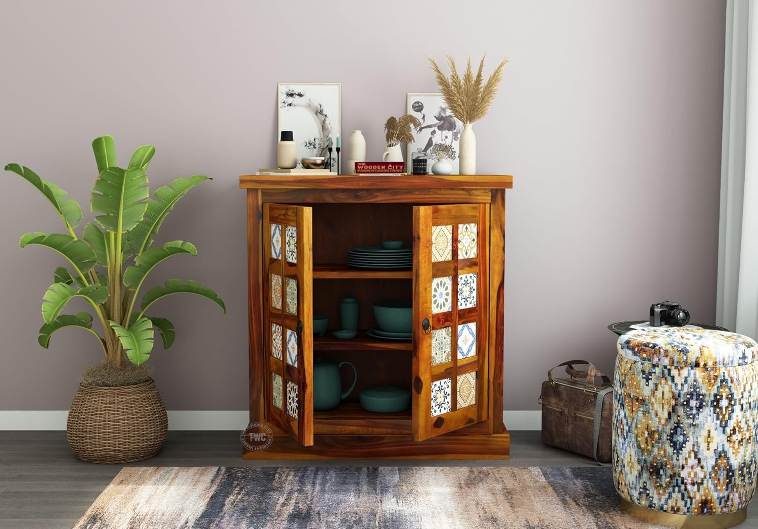 THE WOODEN CITY Solid Sheesham Wood Sideboard Tv Cabinet for Living Room | Free Standing Movable Tv Unit Side Board Table Storage Furniture for Home (