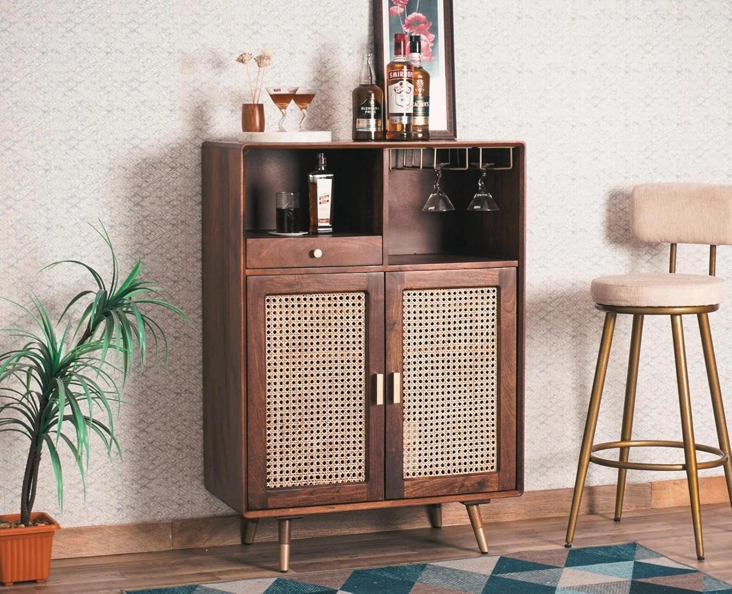 THE WOODEN CITY Wood Rattan Cane Bar Cabinet with Glass Holder Storage (Walnut,Standard)