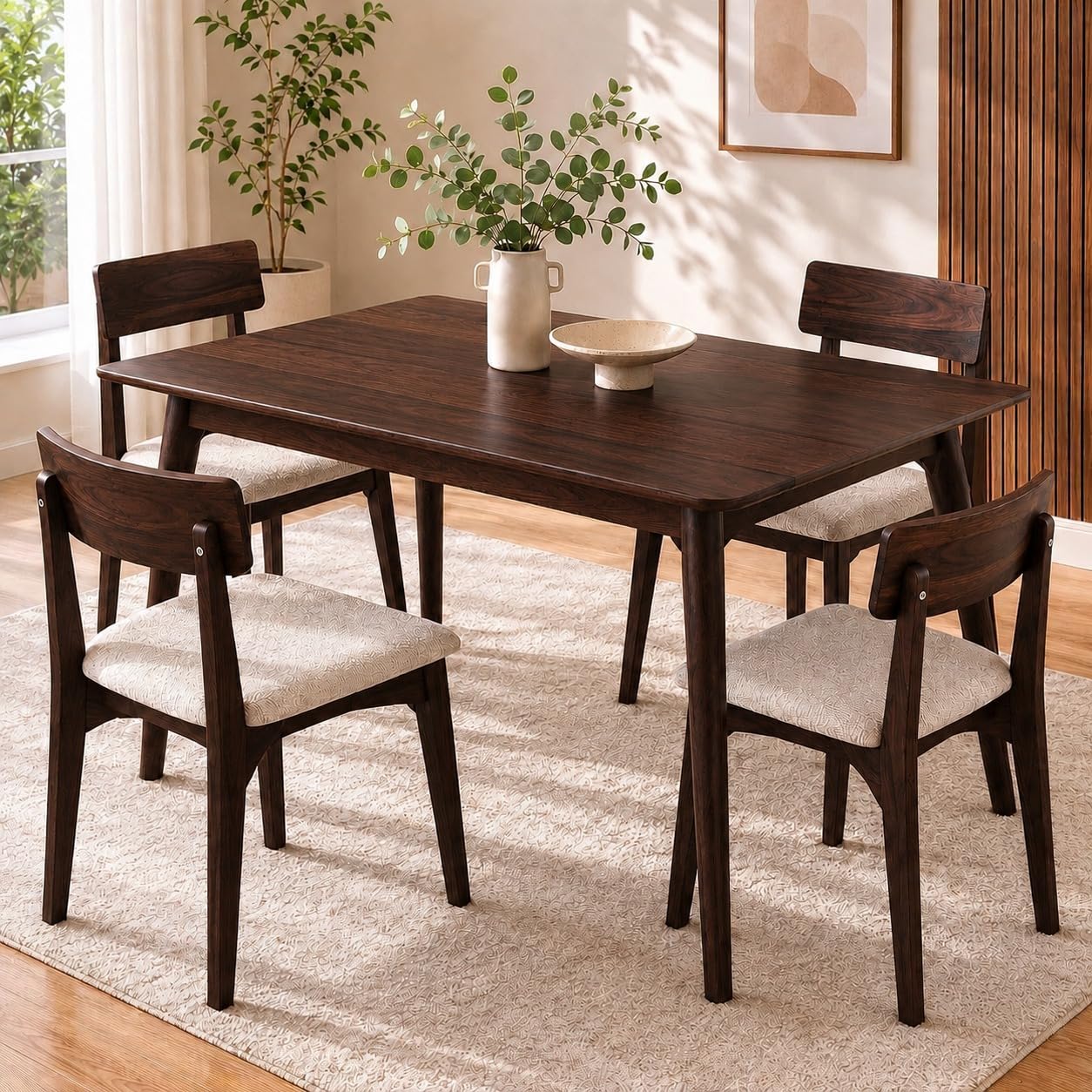 Alexaa Solid Sheesham Wood 4 Seater Dining Set | Wooden Dining Table Set with Cushioned Chairs for Dining Room | Home & Office, Hotels Restaurant (Walnut, 4 Seater)