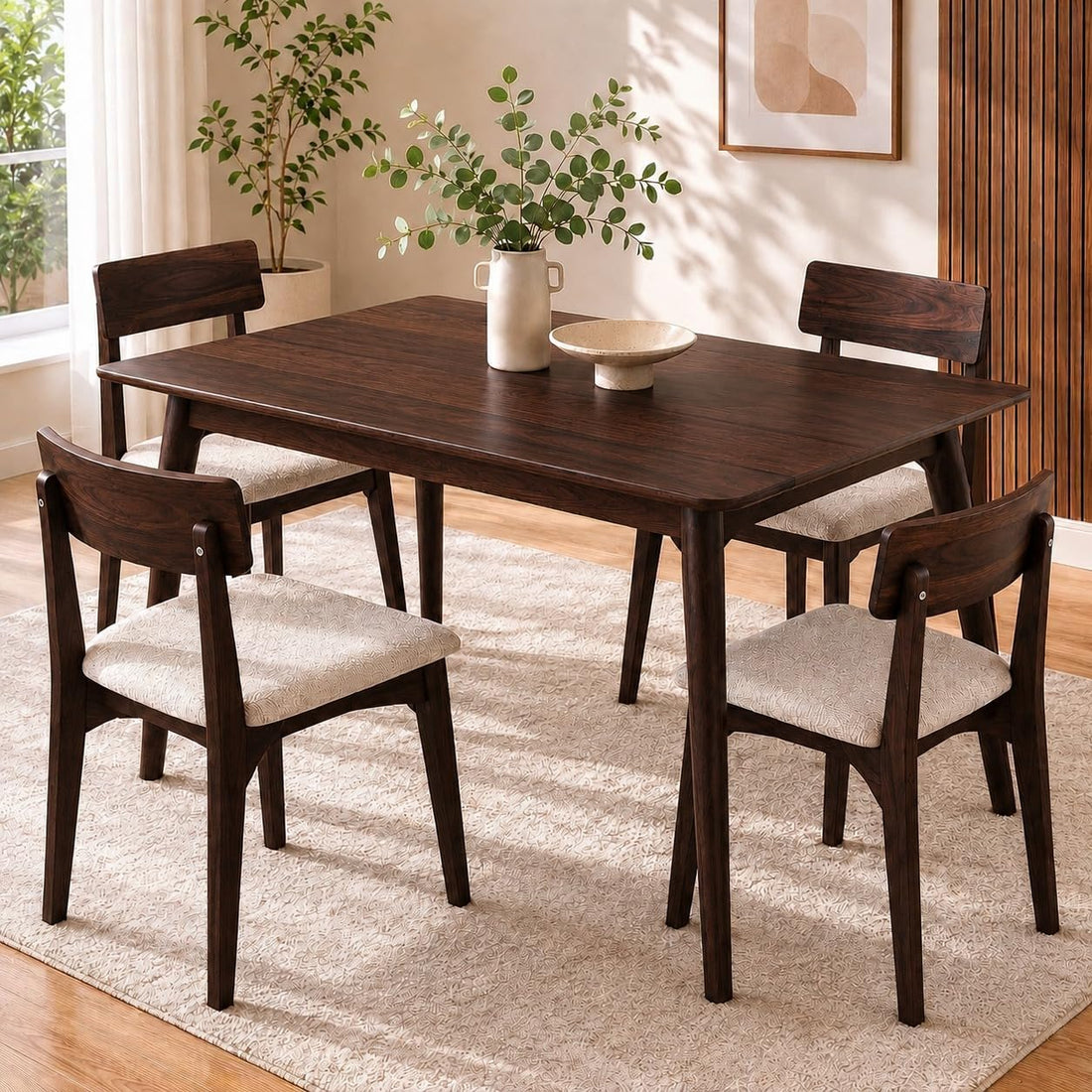 Alexaa Solid Sheesham Wood 4 Seater Dining Set | Wooden Dining Table Set with Cushioned Chairs for Dining Room | Home & Office, Hotels Restaurant (Walnut, 4 Seater)