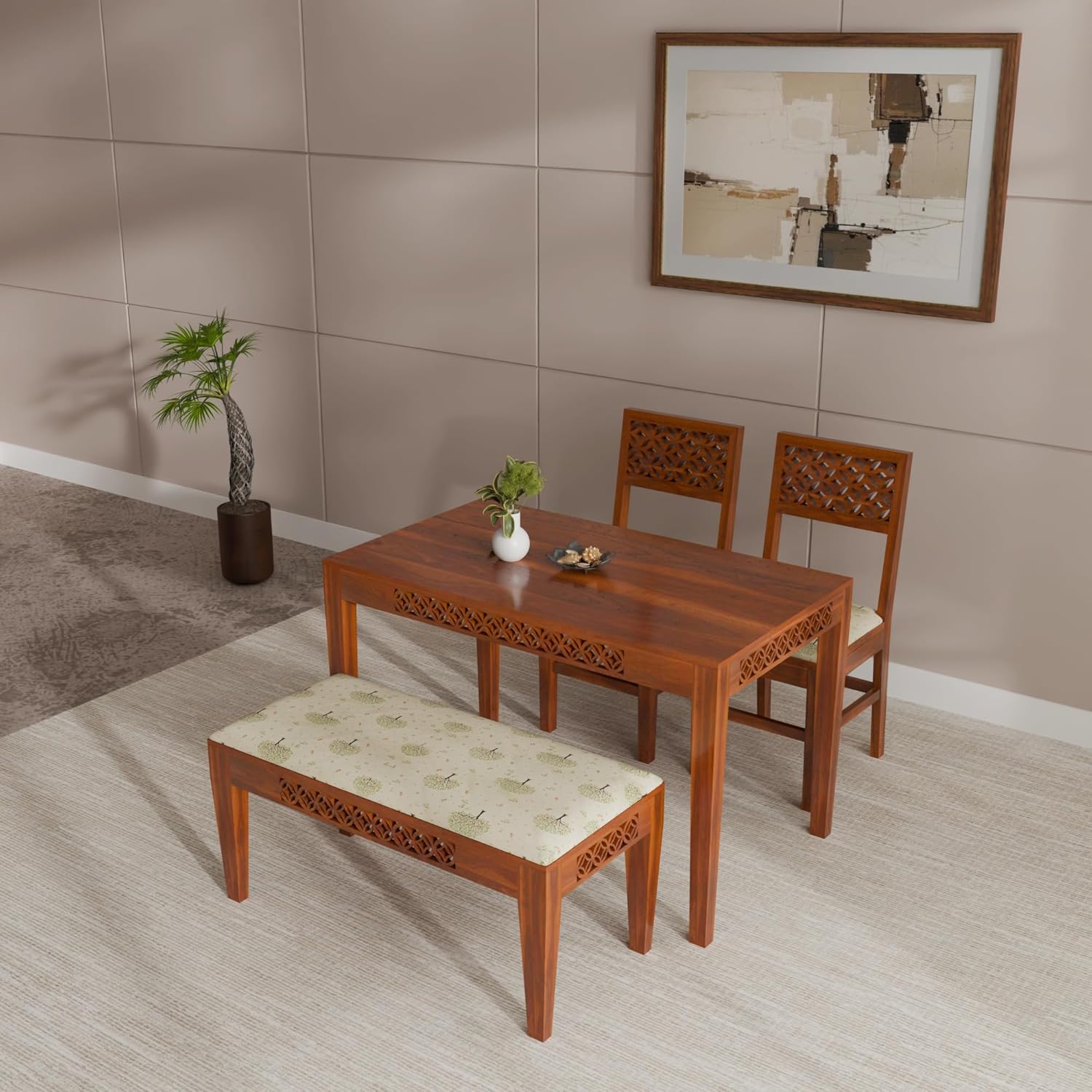 THE WOODEN CITY Solid Sheesham Wood Dining Table 4 Seater Dining Table Set with 2 Chairs & 1 Bench Dinner Table Set for Dinning Room Home & Hotel and Office|Modern Dining Room Set (Honey, 4 Seater)