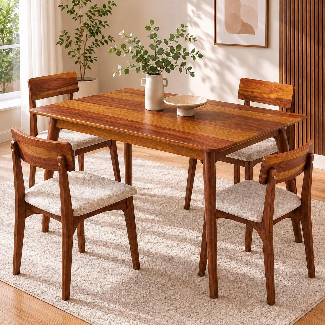 Alexaa Solid Sheesham Wood 4 Seater Dining Set | Wooden Dining Table Set with Cushioned Chairs for Dining Room | Home & Office, Hotels Restaurant (Honey, 4 Seater)