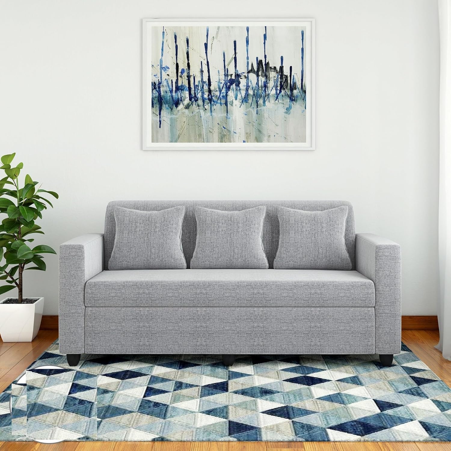 THE WOODEN CITY Wooden Fabric 3 Seater Sofa & Couches for Home Office & Living Room (Grey)