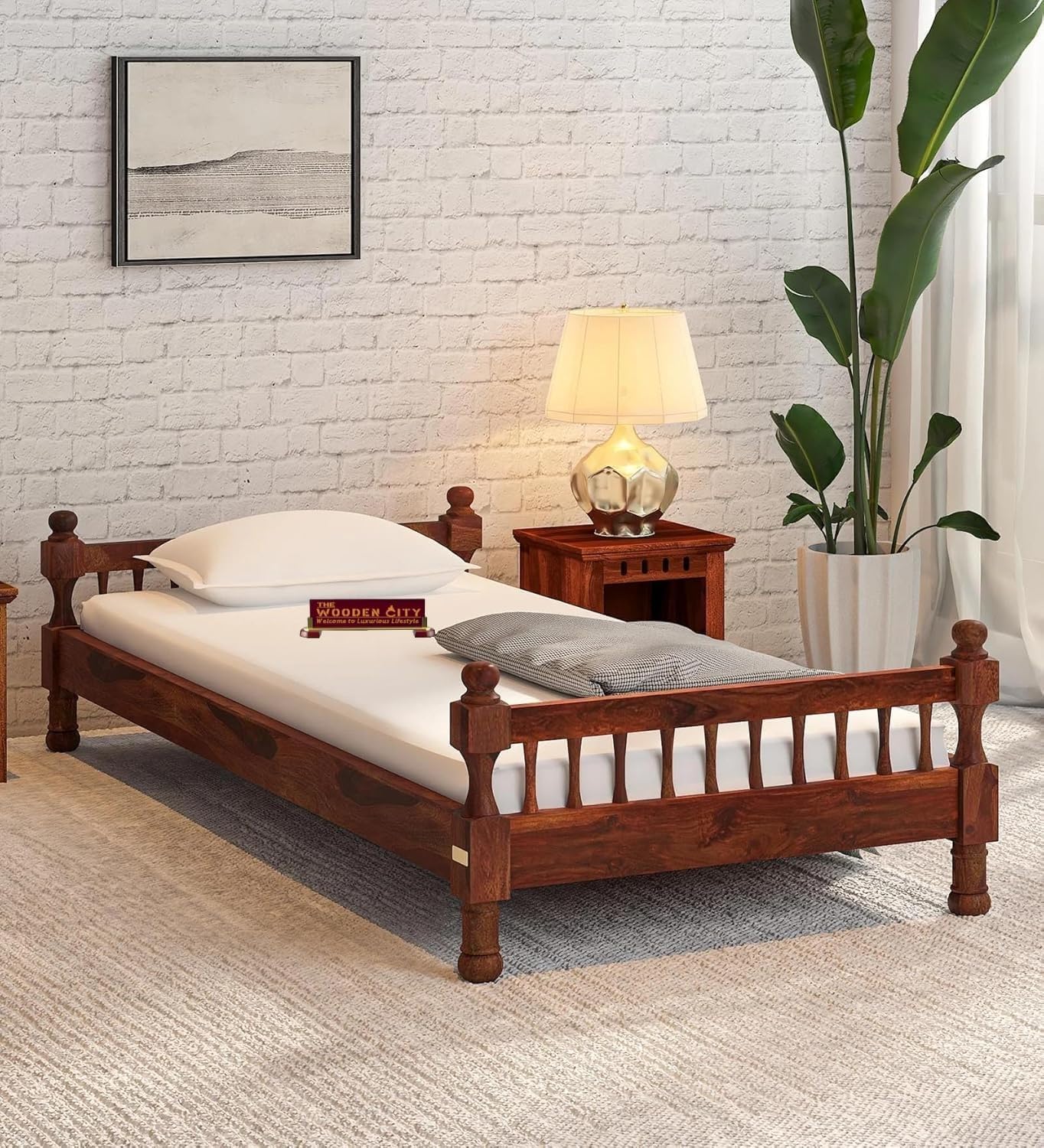 Solid Sheesham Wood Single Bed Cot Without Storage | Single Size Bed for Bedroom | Multipurpose Use Bed- Honey(216x99x53cm) (Recommend Mattress size-78x36 inch)