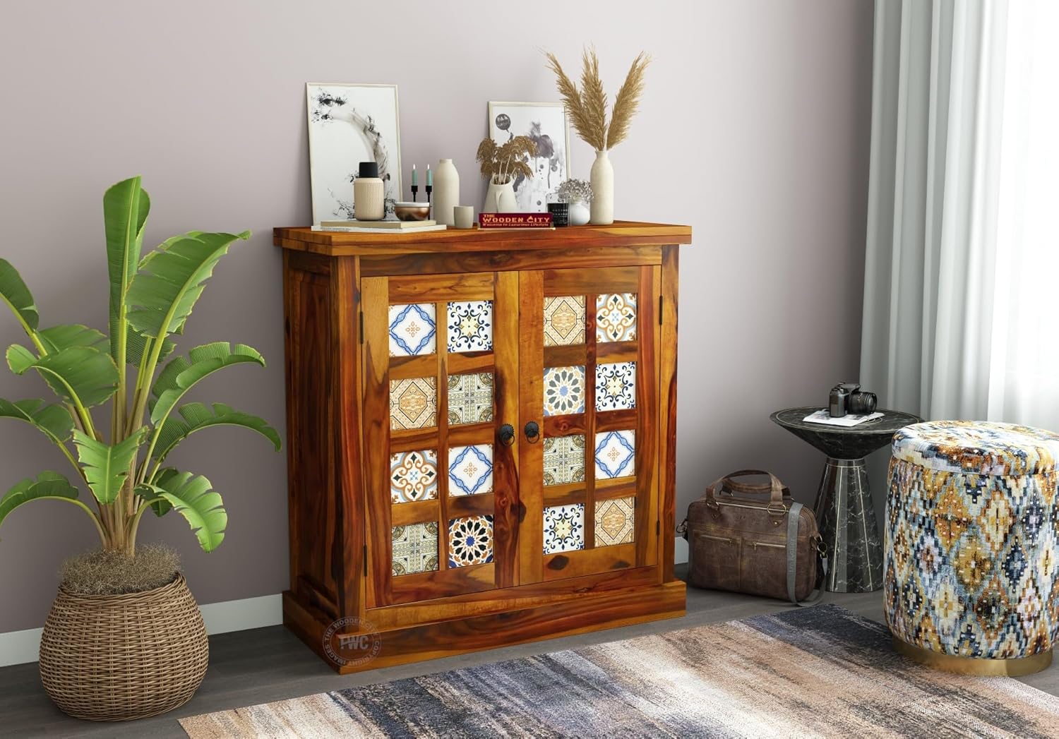 THE WOODEN CITY Solid Sheesham Wood Sideboard Tv Cabinet for Living Room | Free Standing Movable Tv Unit Side Board Table Storage Furniture for Home (