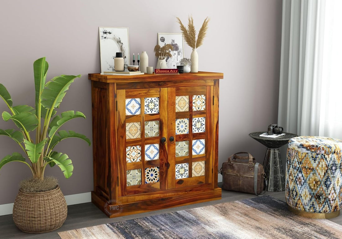 THE WOODEN CITY Solid Sheesham Wood Sideboard Tv Cabinet for Living Room | Free Standing Movable Tv Unit Side Board Table Storage Furniture for Home (