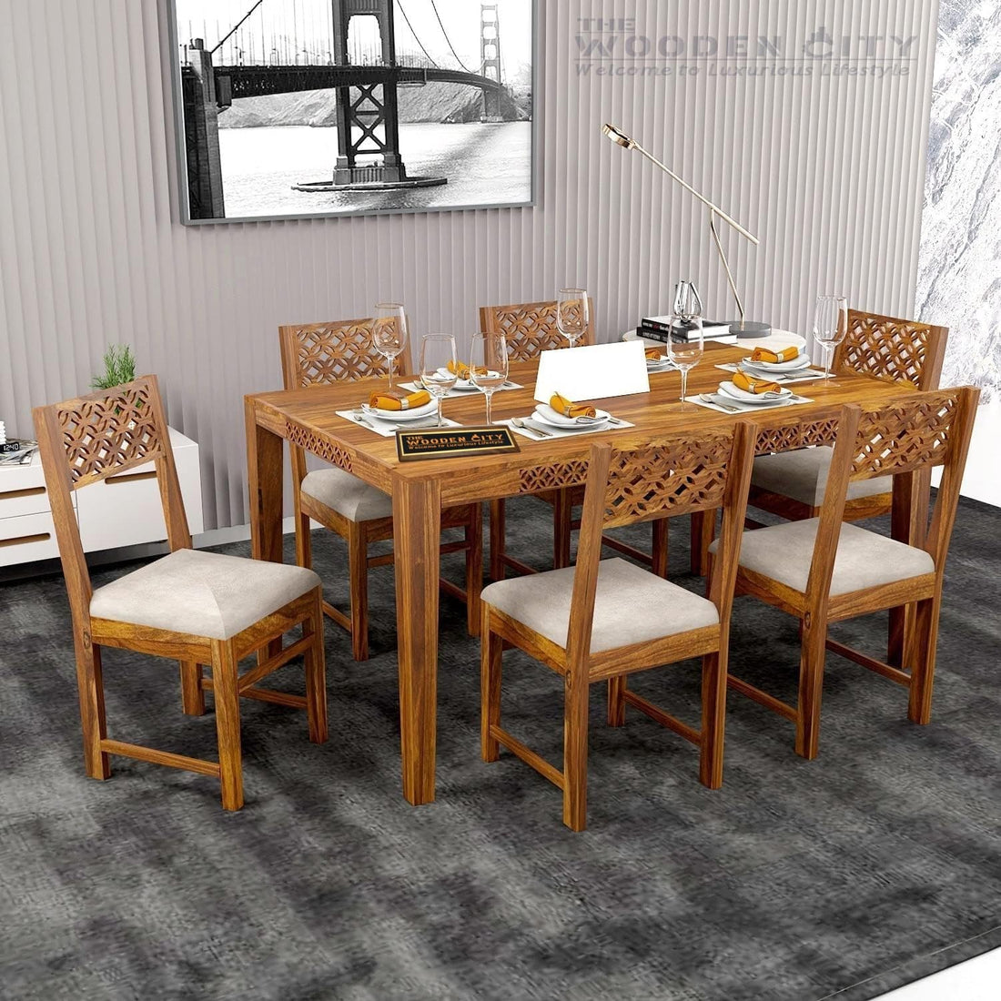 THE WOODEN CITY Sheesham Wood CNC 6 Seater Dining Table with Chairs | Wooden Six Seater Dining Room Set Dinner Table Furniture for Living Room Home Hotels - (Honey)