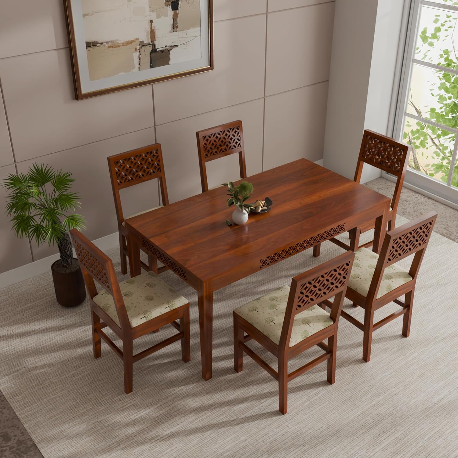 THE WOODEN CITY Solid Sheesham Wood Dining Table Dining Table Set with 6 Chairs Dinner Table Set for Dinning Room Home,Hotel and Office (Honey, 6 Seater Chair)
