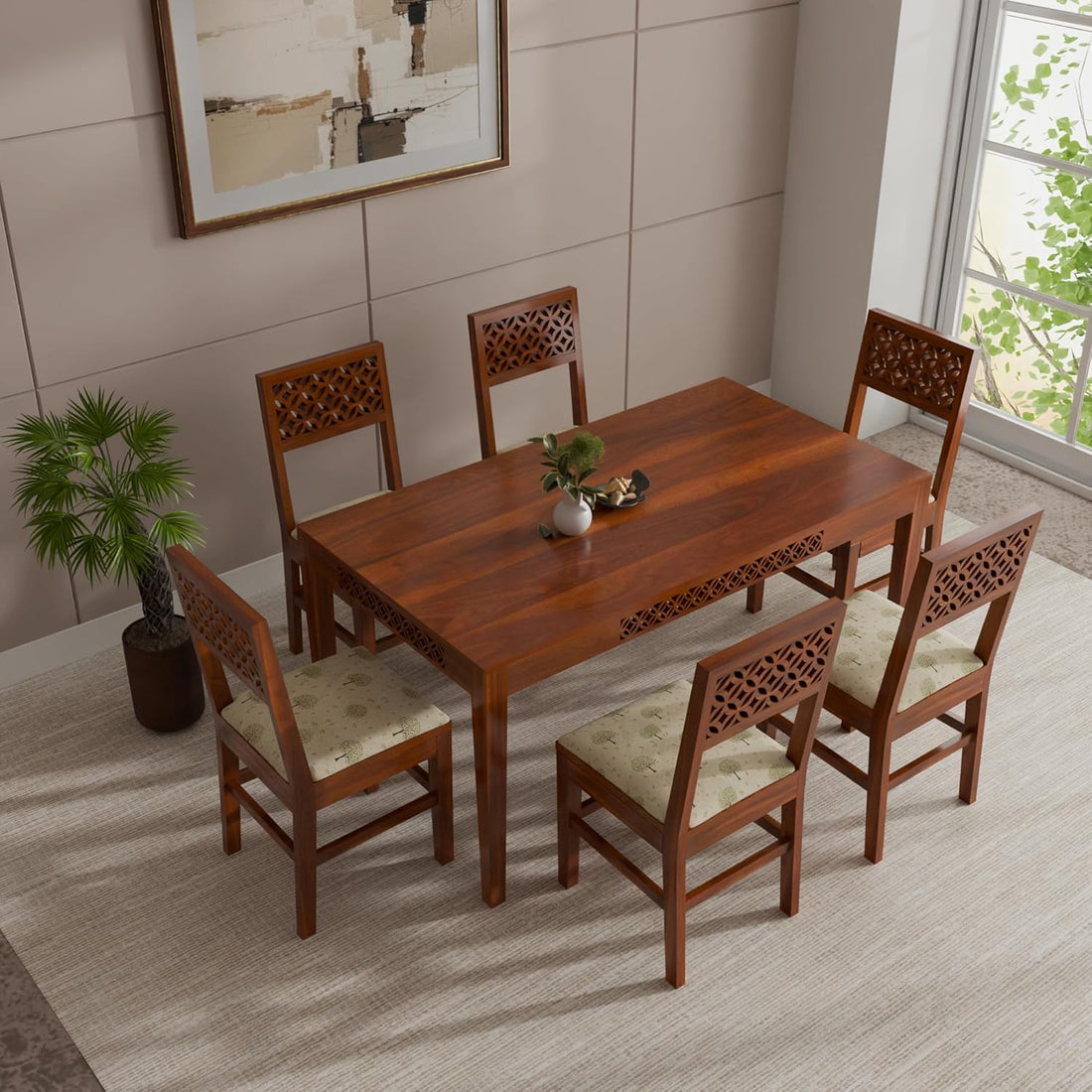 THE WOODEN CITY Solid Sheesham Wood Dining Table Dining Table Set with 6 Chairs Dinner Table Set for Dinning Room Home,Hotel and Office (Honey, 6 Seater Chair)