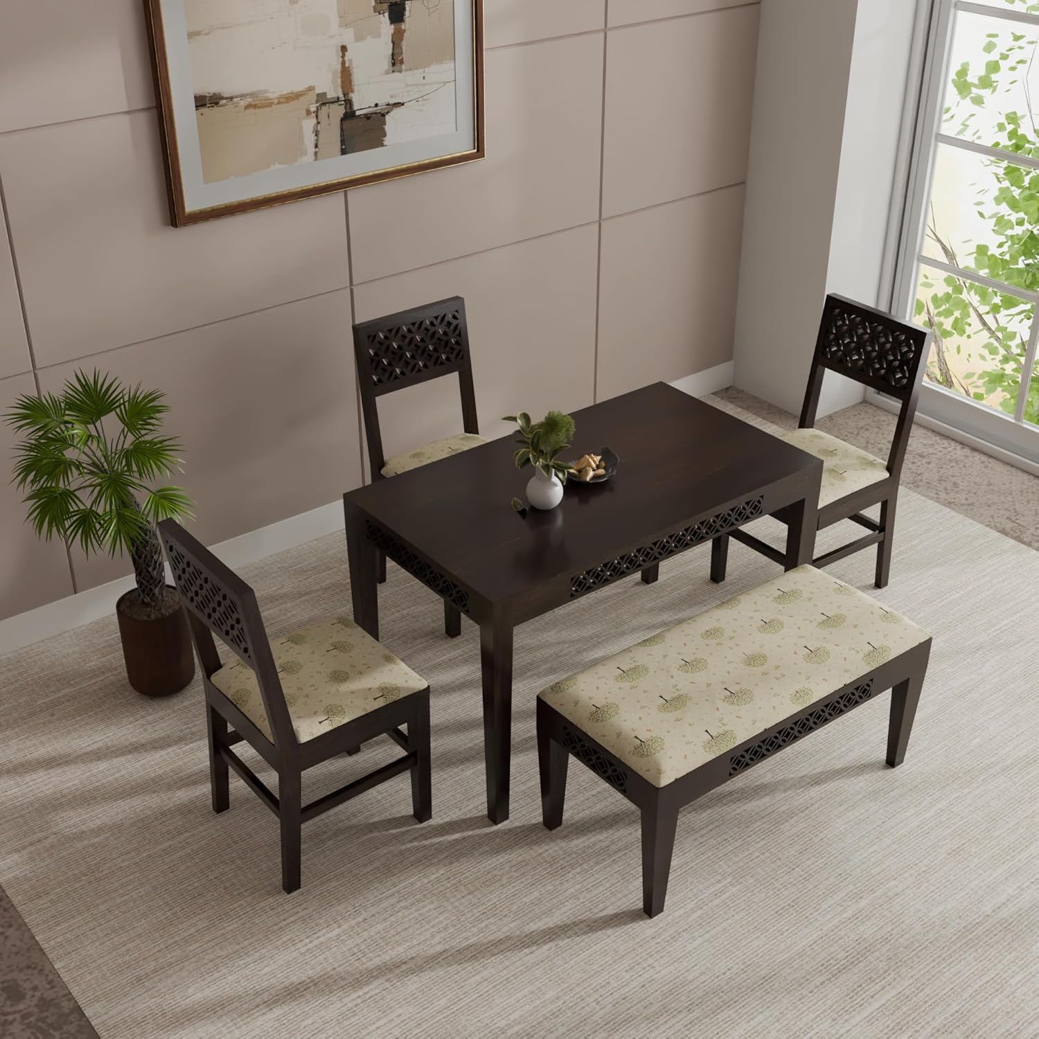 THE WOODEN CITY Solid Sheesham Wood 3 Chair with1 Bench Dining Set with Cushioned Chairs for Dining Room | Living Room | Home & Office | Hotels Restaurant (4 Seater with Bench, Walnut)