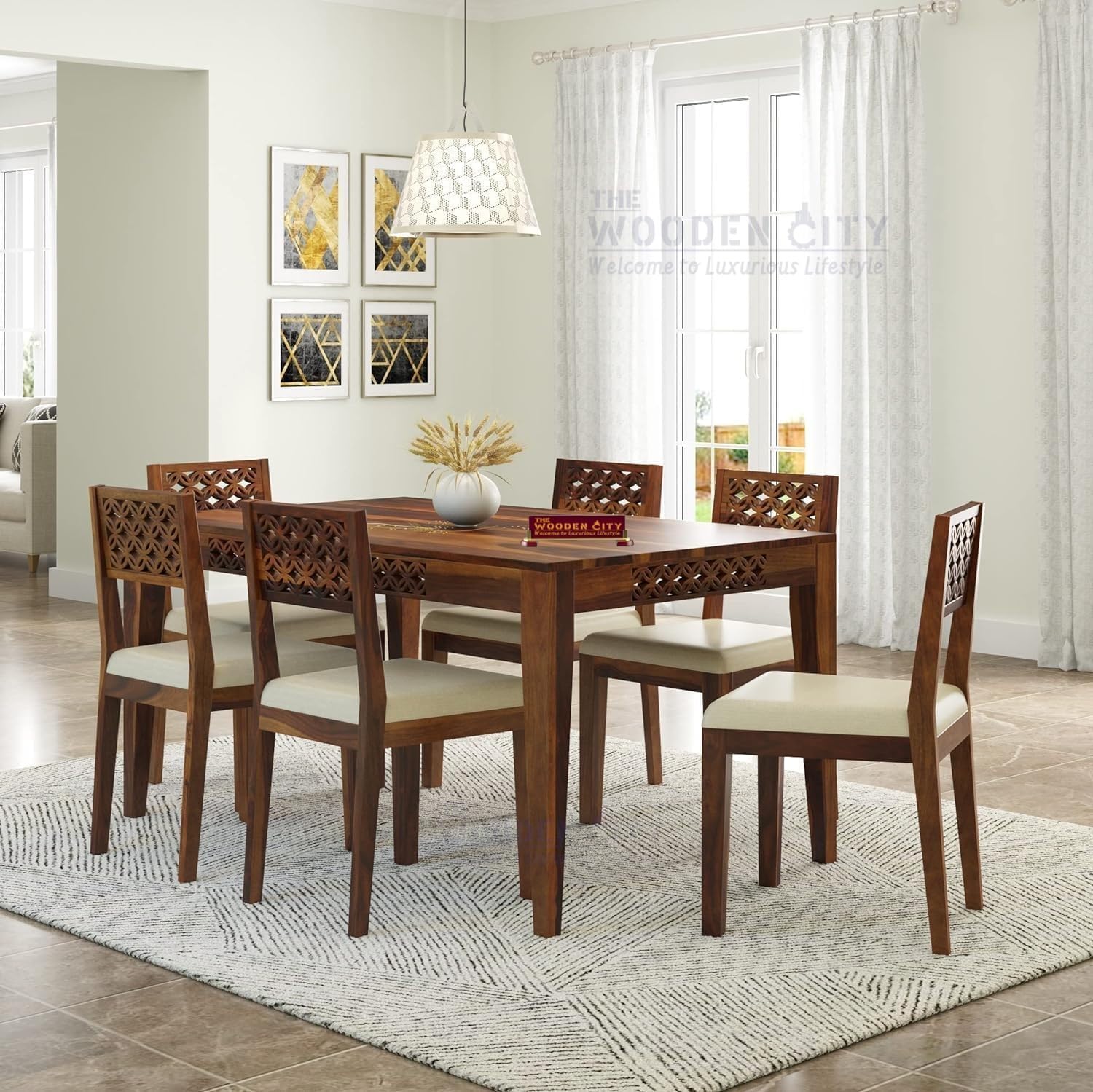 THE WOODEN CITY Sheesham Wood CNC 6 Seater Dining Table with Chairs
