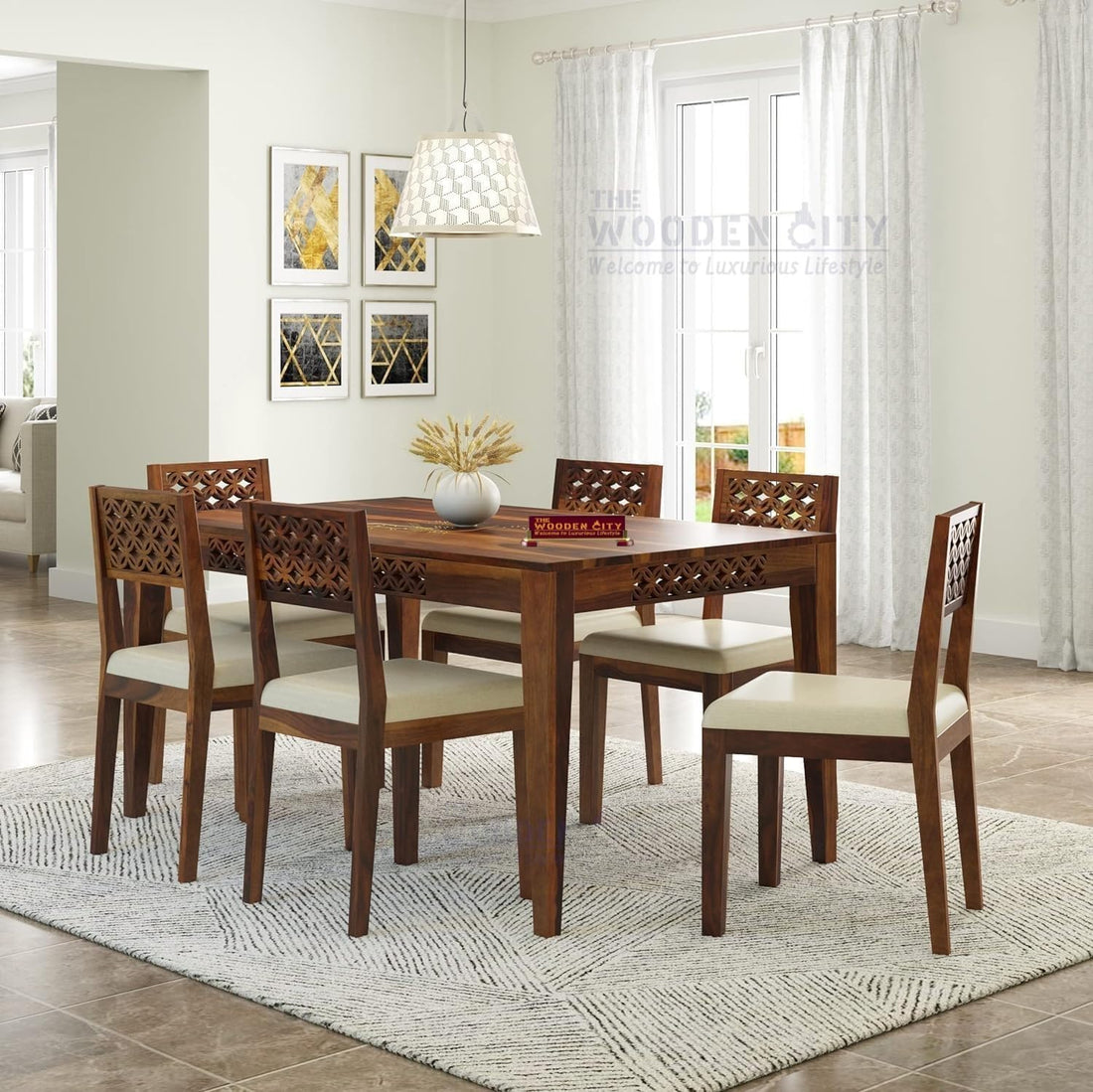 THE WOODEN CITY Sheesham Wood CNC 6 Seater Dining Table with Chairs