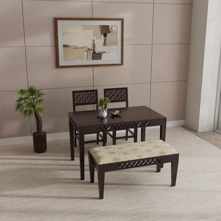 THE WOODEN CITY Sheesham Wood 4 Seater Dining Set | Includes 2 Chairs & 1 Bench | Solid Wood Dining Table Set for Dining Room(Walnut, 4 Seater)