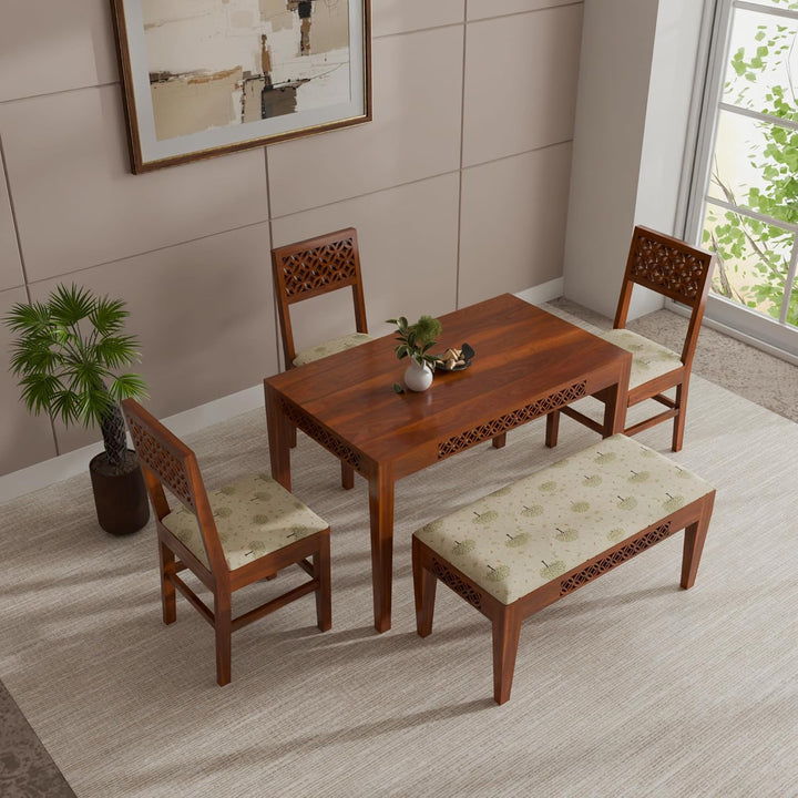 THE WOODEN CITY Solid Sheesham Wood 3 Chair with 1 Bench Dining Table Set with Cushioned Chairs for Dining Room | Living Room | Home & Office | Hotels (4 Seater with Bench, Honey)