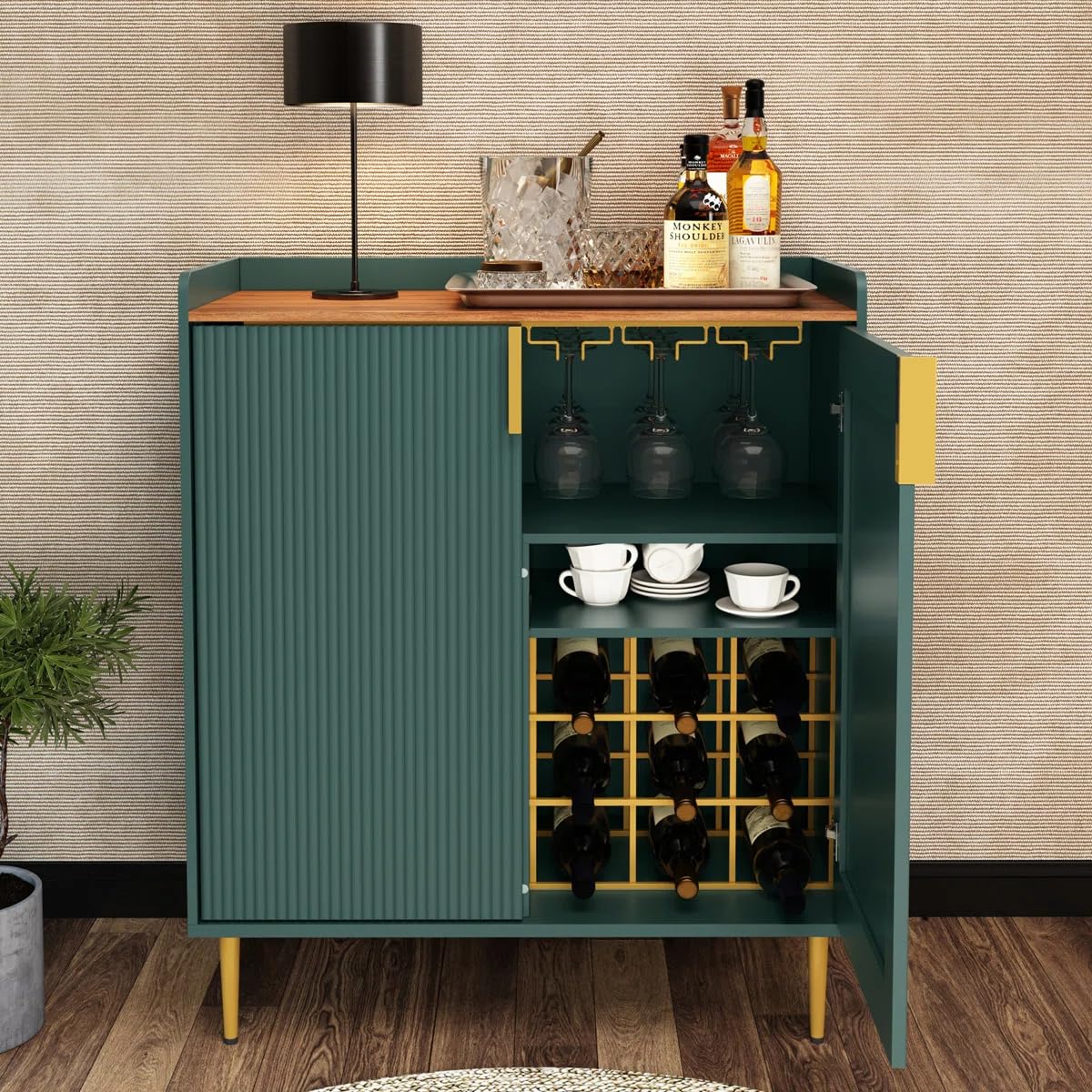 THE WOODEN CITY Solid Wood Wine Cabinet | Wooden Bar Cabinet Storage Rack with Drawer & Glass Holder, Wooden for Home and Bar Furniture (Green)