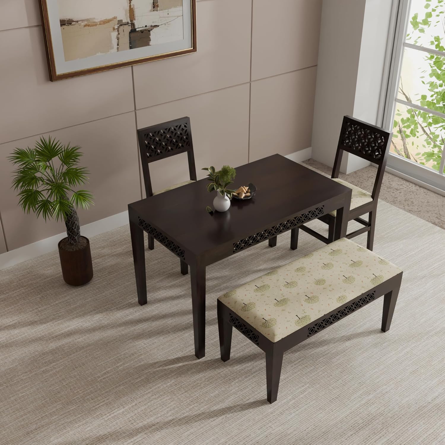 THE WOODEN CITY Sheesham Wood 4 Seater Dining Set | Includes 2 Chairs & 1 Bench | Solid Wood Dining Table Set for Dining Room(Walnut, 4 Seater)