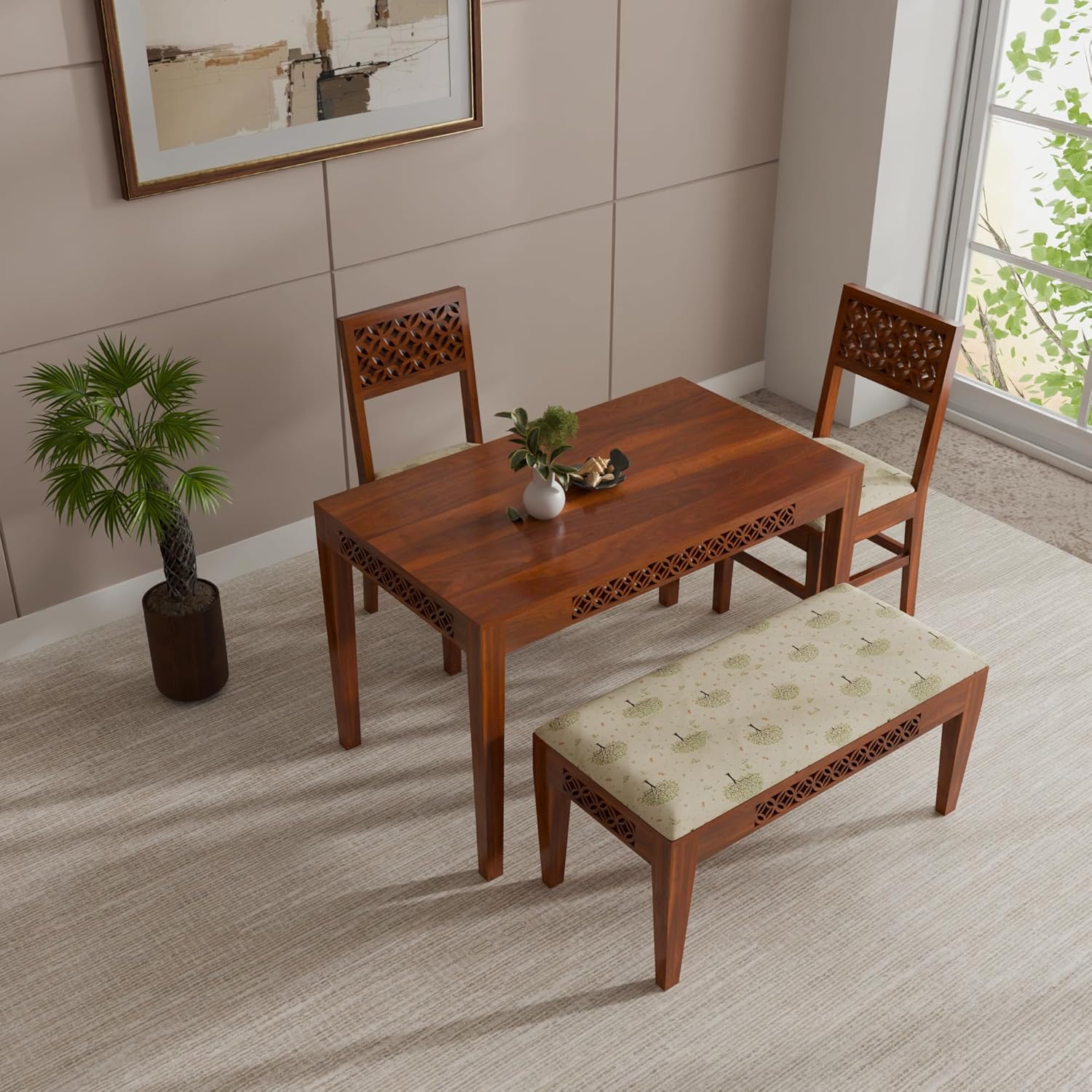 THE WOODEN CITY Solid Sheesham Wood Dining Table 4 Seater Dining Table Set with 2 Chairs & 1 Bench Dinner Table Set for Dinning Room Home & Hotel and Office|Modern Dining Room Set (Honey, 4 Seater)