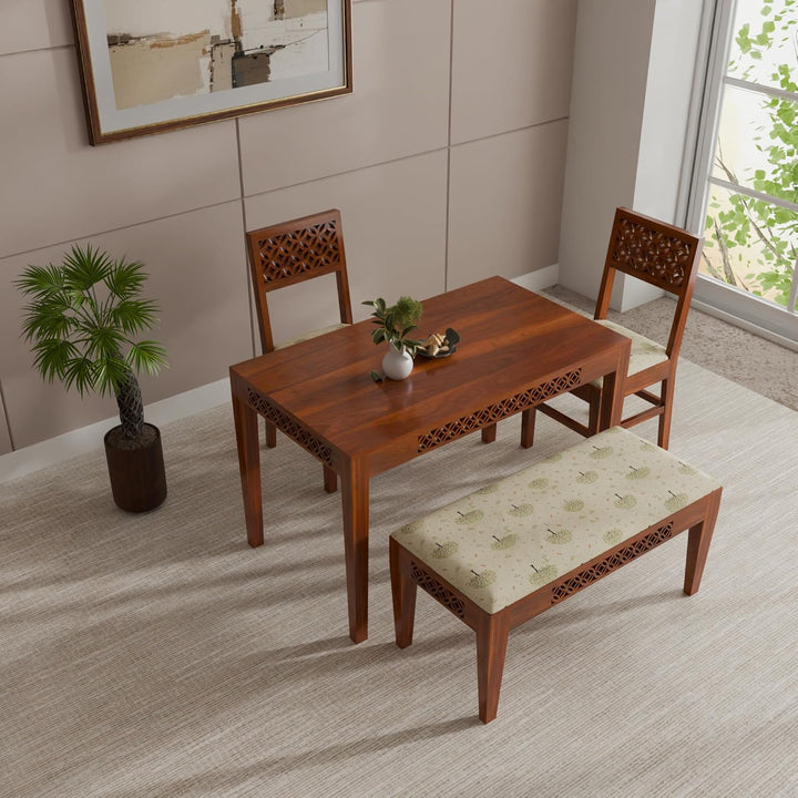 THE WOODEN CITY Solid Sheesham Wood Dining Table 4 Seater Dining Table Set with 2 Chairs & 1 Bench Dinner Table Set for Dinning Room Home & Hotel and Office|Modern Dining Room Set (Honey, 4 Seater)
