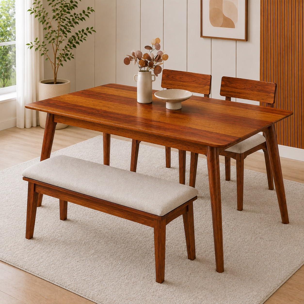 Alexaa Solid Sheesham Wood Dining Table 4 Seater Dining Table Set with 2 Chairs & 1 Bench