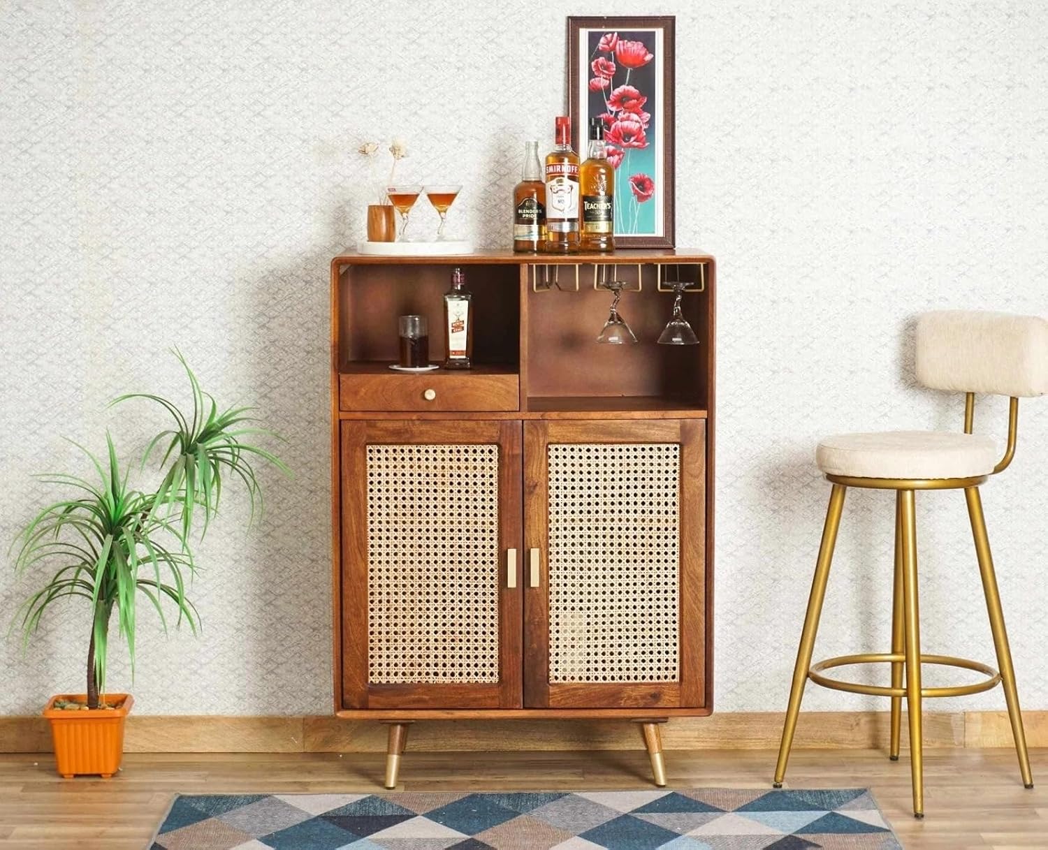 THE WOODEN CITY Solid Wood Rattan Cane Bar Cabinet with Glass Holder Storage Honey
