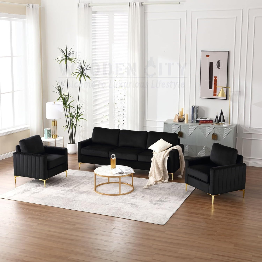 THE WOODEN CITY Monto Velvet Fabric Sofa En 5- to 6-Person Sofa 3+1+1 Sofa Set (Black) (Black, 3+1+1)