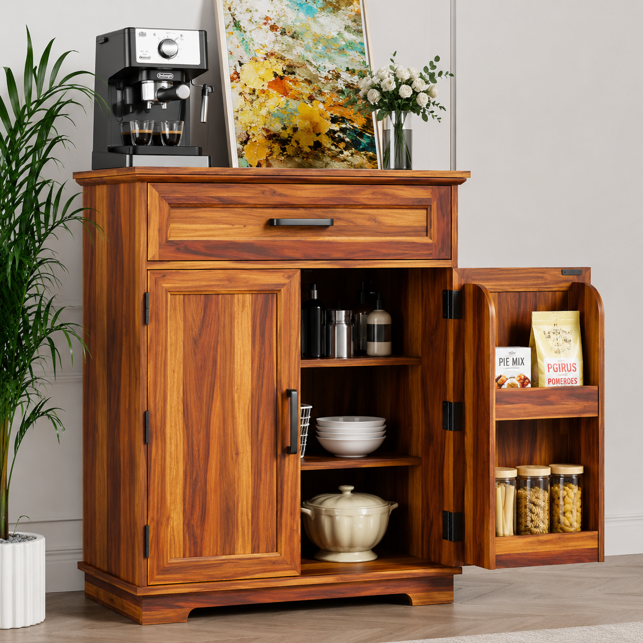 Bar Cabinet, Multipurpose Storage Cabinet for Home & Bar and Living Room Storage, Classy Sideboard- Honey Finish