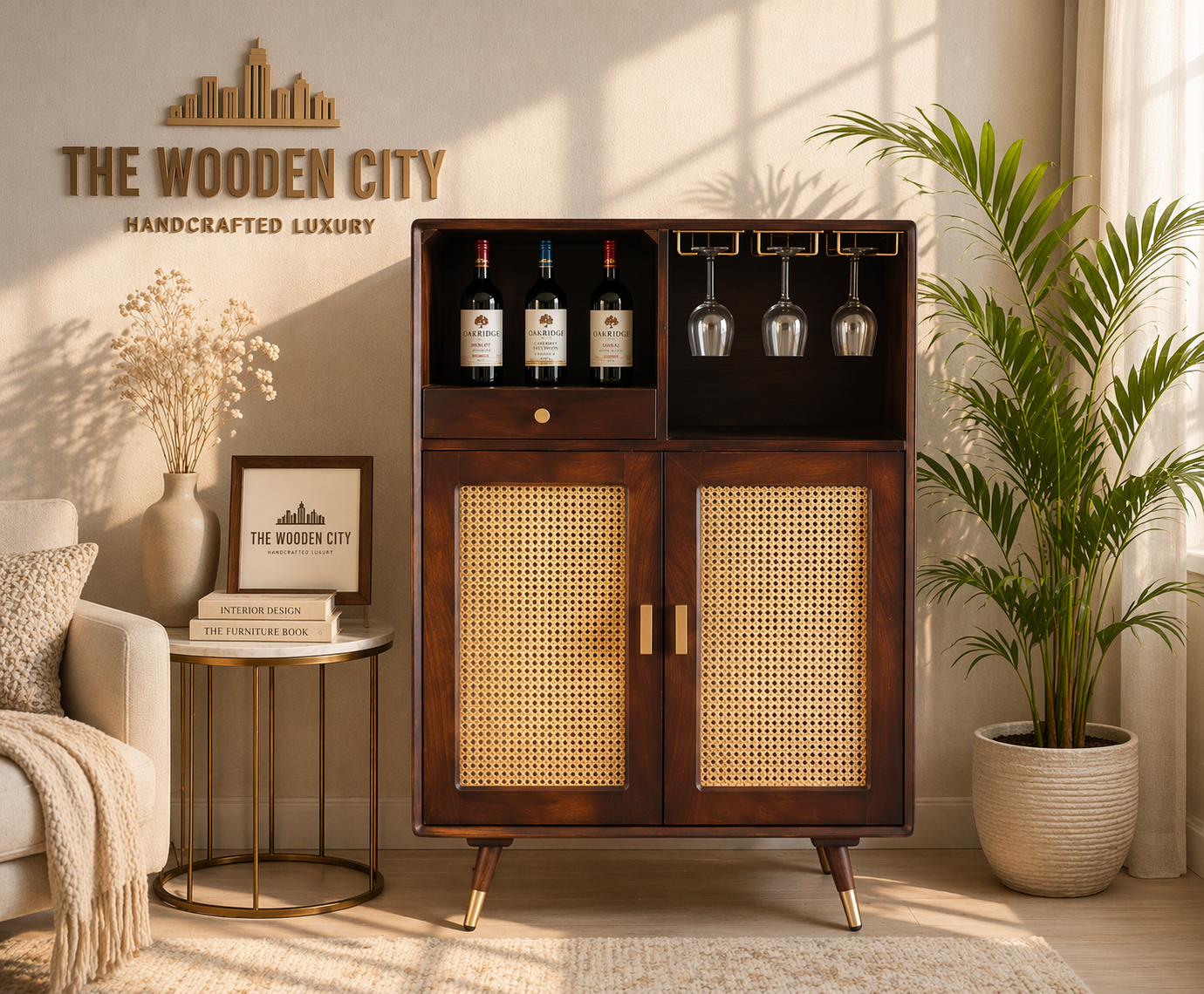 THE WOODEN CITY Wood Rattan Cane Bar Cabinet with Glass Holder Storage (Walnut,Standard)