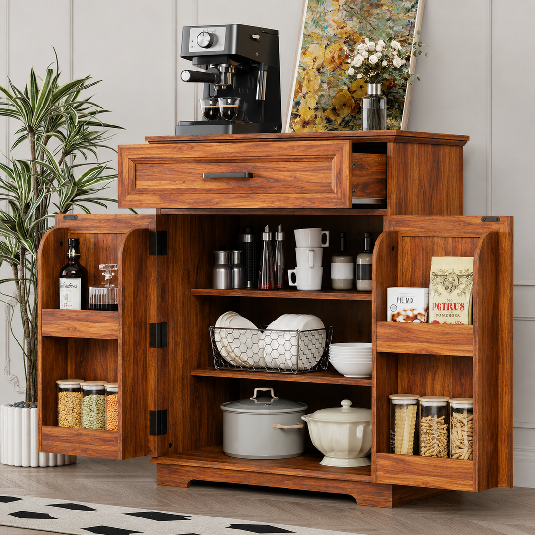 Bar Cabinet, Multipurpose Storage Cabinet for Home & Bar and Living Room Storage, Classy Sideboard- Honey Finish