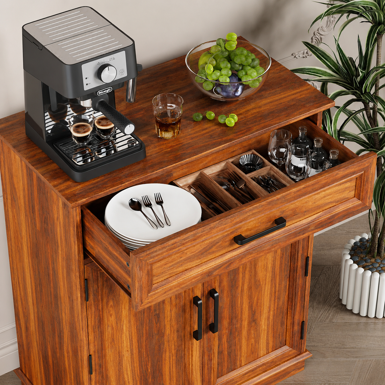Bar Cabinet, Multipurpose Storage Cabinet for Home & Bar and Living Room Storage, Classy Sideboard- Honey Finish