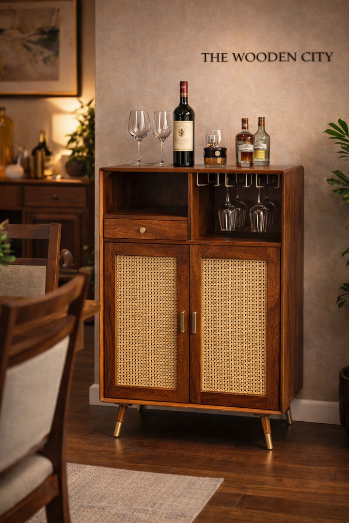 THE WOODEN CITY Solid Wood Rattan Cane Bar Cabinet with Glass Holder Storage Honey