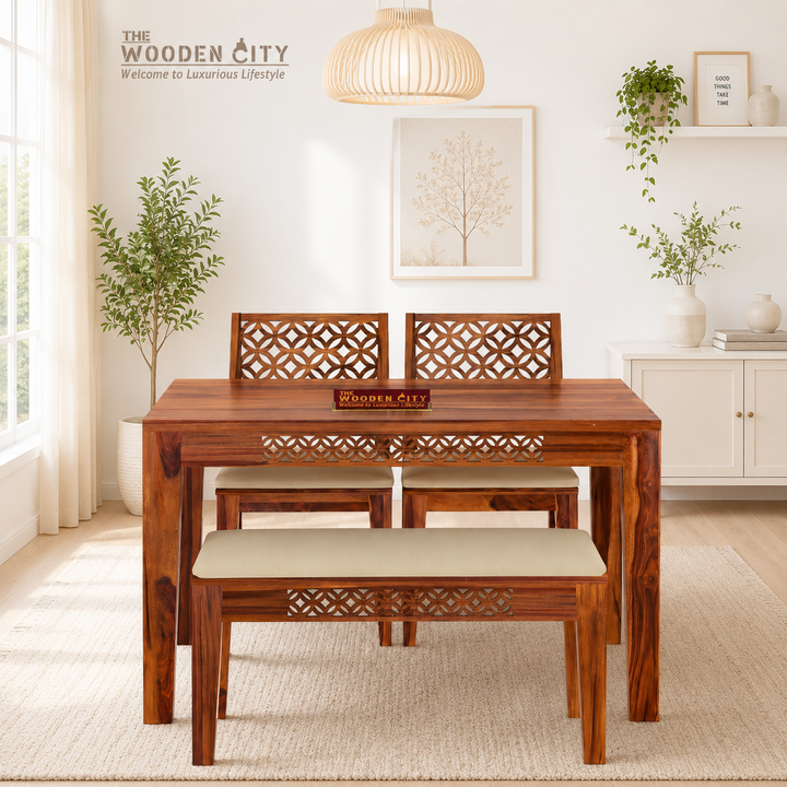 Solid Sheesham Wood Dining Table 4 Seater Dining Table Set with 2 Chairs & 1 Bench (honey)