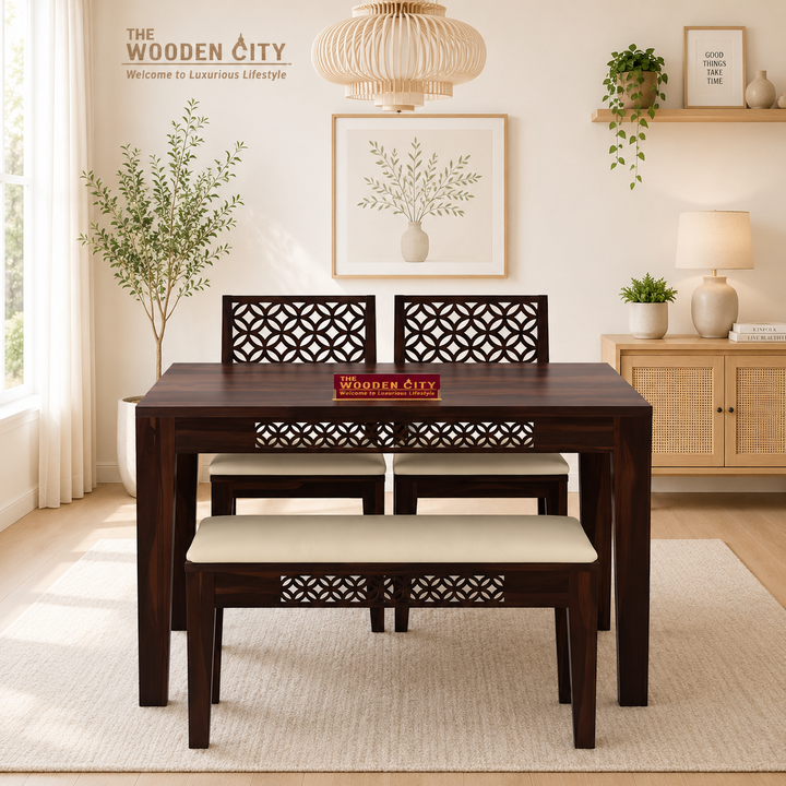 THE WOODEN CITY Solid Sheesham Wood Dining Table 4 Seater Dining Table Set with 2 Chairs & 1 Bench Dinner Table Set (walnut)