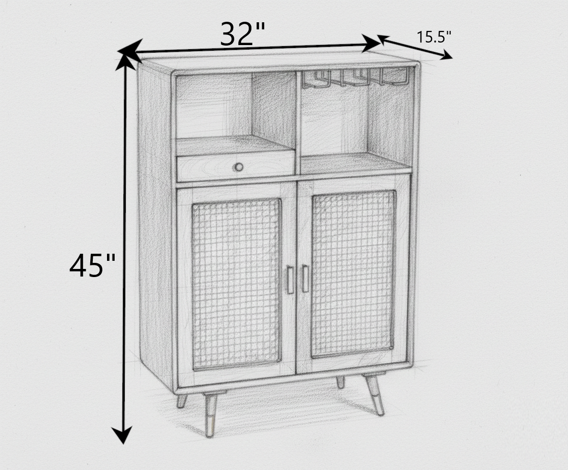 THE WOODEN CITY Solid Wood Rattan Cane Bar Cabinet with Glass Holder Storage Honey