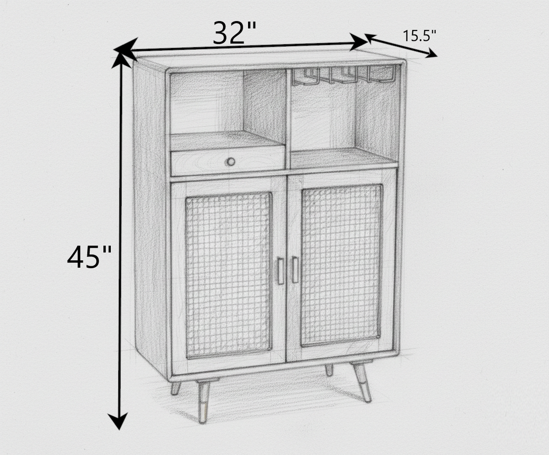 THE WOODEN CITY Solid Wood Rattan Cane Bar Cabinet with Glass Holder Storage Honey