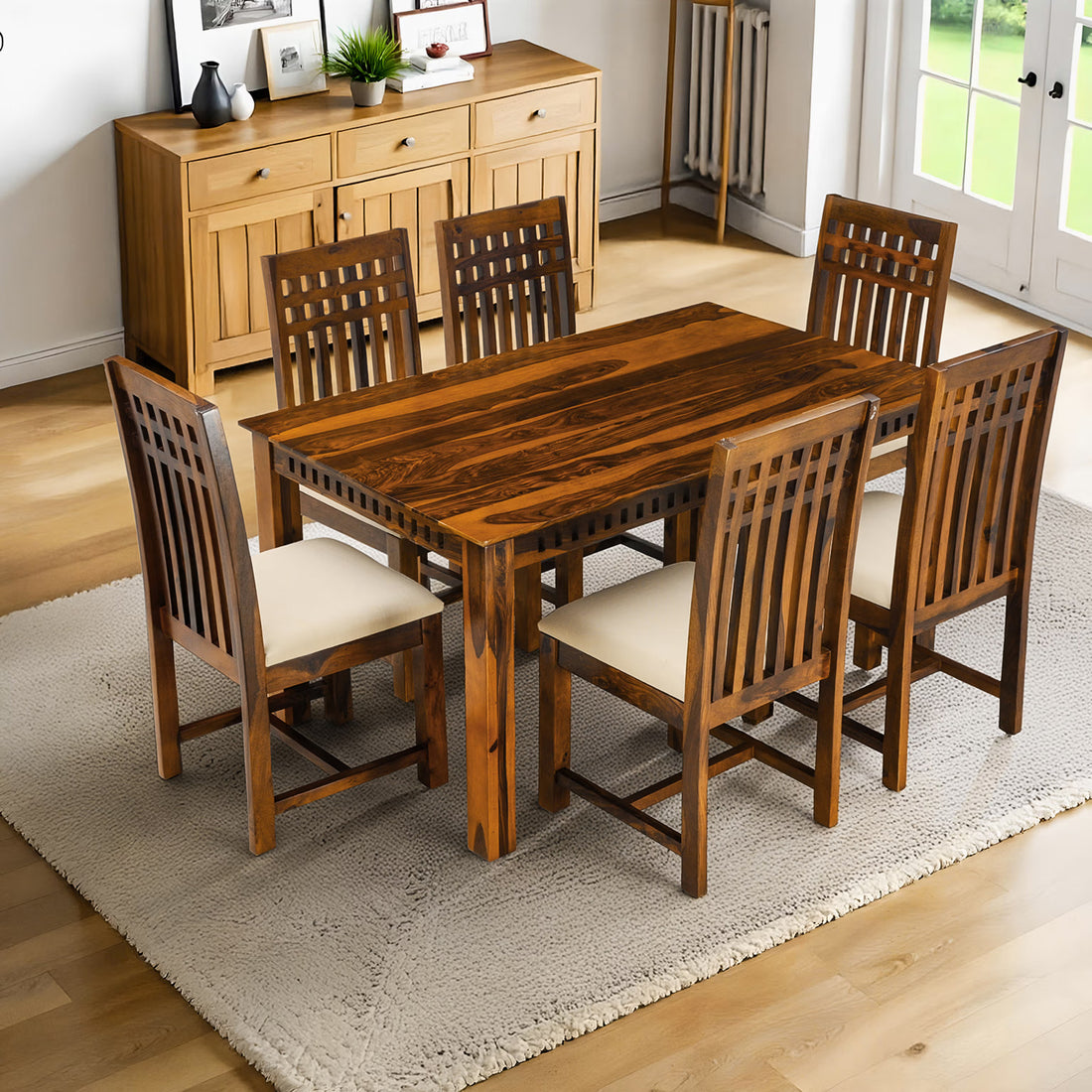 THE WOODEN CITY Solid Sheesham Wood Dining Table Dining Table Set with 6 Chairs Dinner Table Set for Dinning Room Home, Hotel and Office
