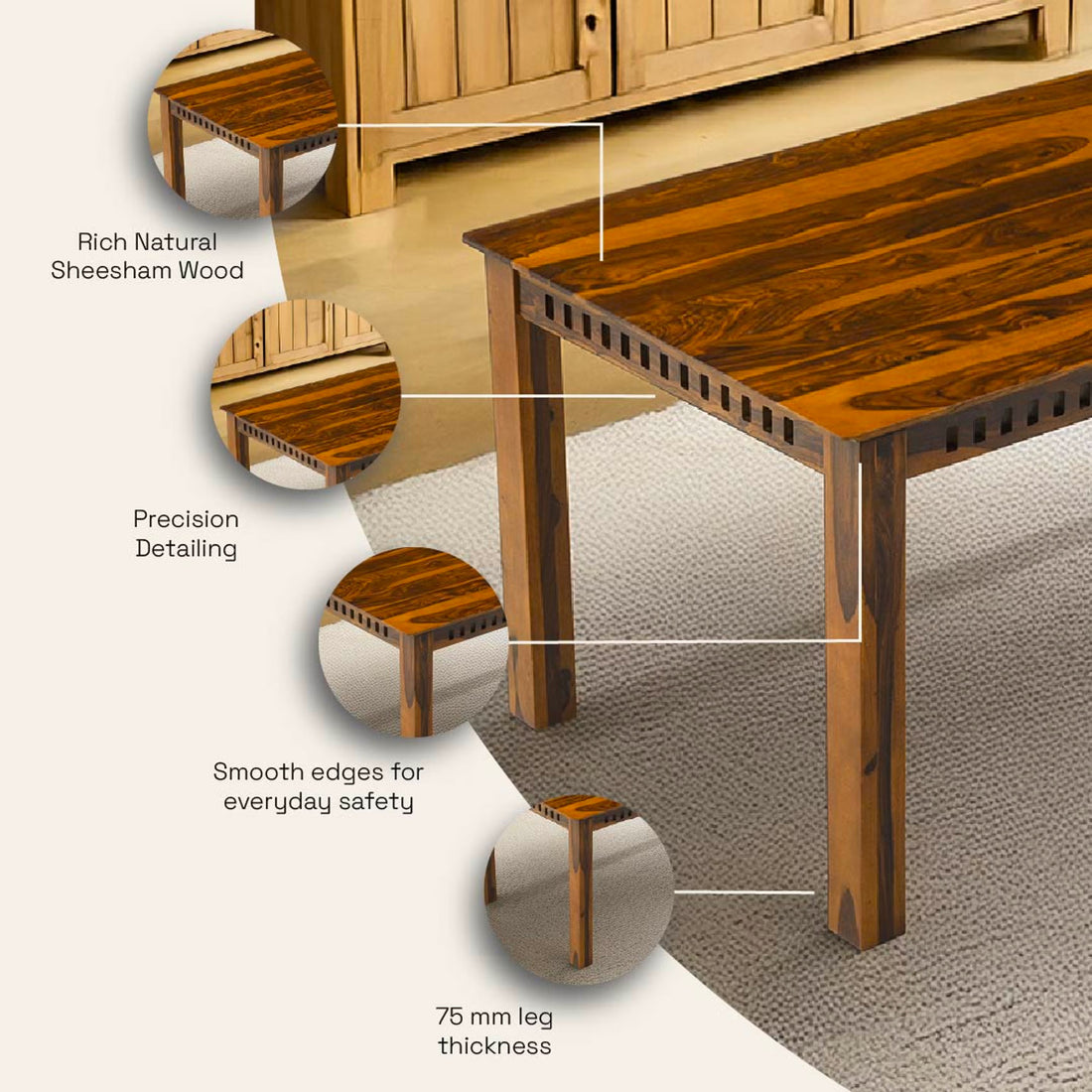 THE WOODEN CITY Solid Sheesham Wood Dining Table Dining Table Set with 4 Chairs Dinner Table Set for Dinning Room Home, Hotel and Office